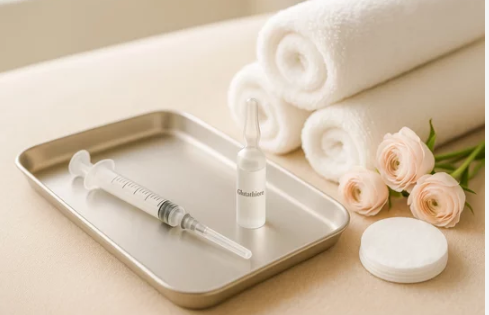 Glutathione injection vial and syringe on a clean surface showing the setup for glutathione injection benefits therapy